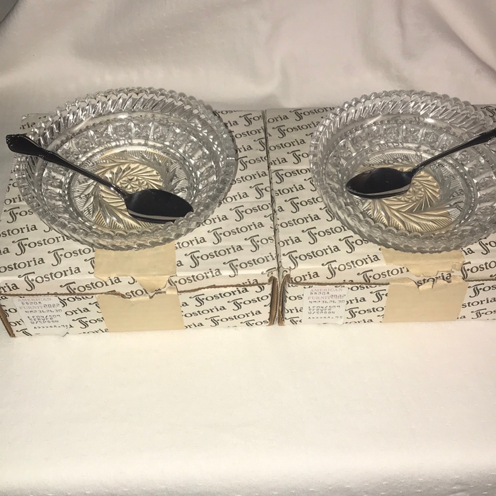 2 Vintage Fostoria Cut Glass Serving Dish/Bowls with Spoons in Original Boxes. - Picture 1 of 7